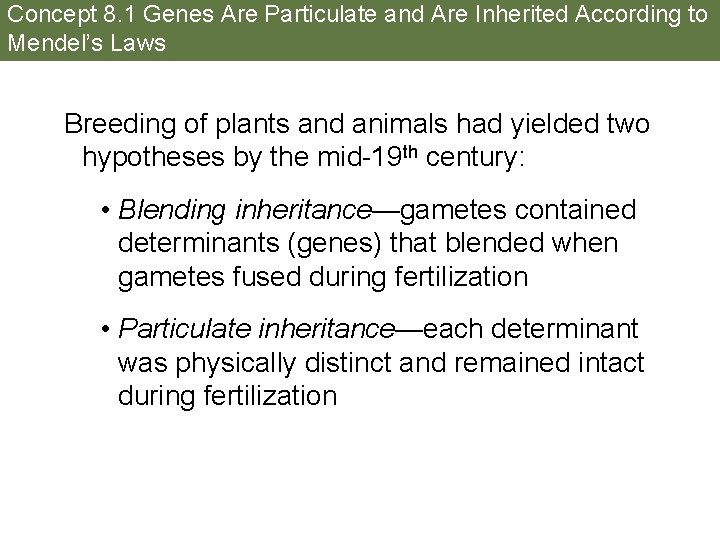Concept 8. 1 Genes Are Particulate and Are Inherited According to Mendel’s Laws Breeding