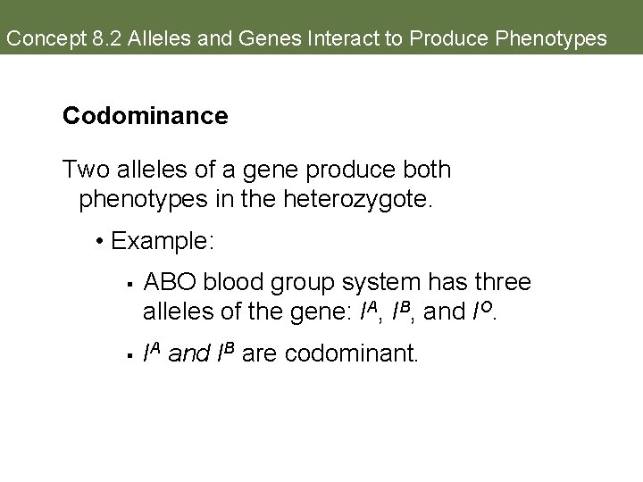 Concept 8. 2 Alleles and Genes Interact to Produce Phenotypes Codominance Two alleles of