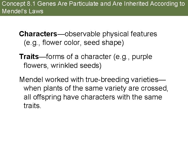 Concept 8. 1 Genes Are Particulate and Are Inherited According to Mendel’s Laws Characters—observable