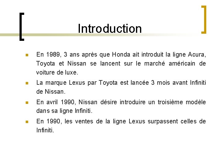 Introduction n En 1989, 3 ans après que Honda ait introduit la ligne Acura,