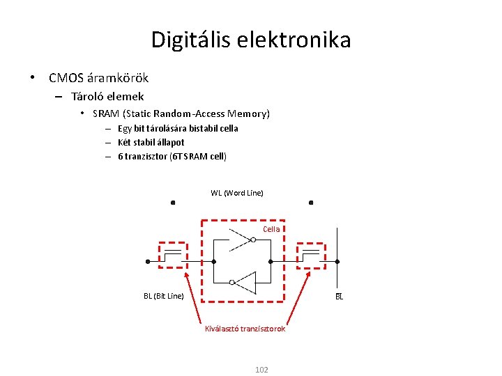 Digitális elektronika • CMOS áramkörök – Tároló elemek • SRAM (Static Random-Access Memory) –