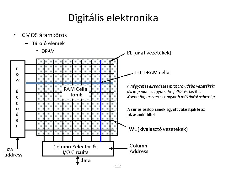 Digitális elektronika • CMOS áramkörök – Tároló elemek • DRAM BL (adat vezetékek) r