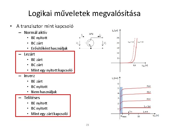 Logikai műveletek megvalósítása • A tranzisztor mint kapcsoló – Normál aktív • BE nyitott