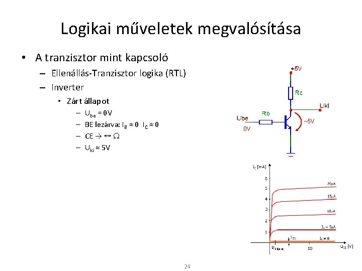 Logikai műveletek megvalósítása • A tranzisztor mint kapcsoló – Ellenállás-Tranzisztor logika (RTL) – Inverter