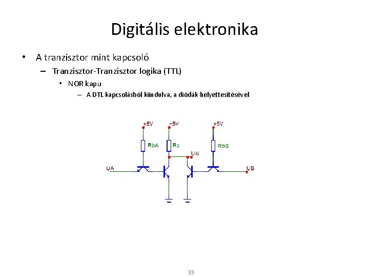 Digitális elektronika • A tranzisztor mint kapcsoló – Tranzisztor-Tranzisztor logika (TTL) • NOR kapu