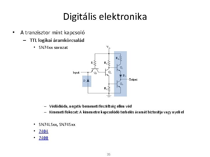 Digitális elektronika • A tranzisztor mint kapcsoló – TTL logikai áramkörcsalád • SN 74