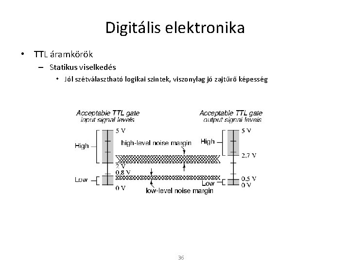 Digitális elektronika • TTL áramkörök – Statikus viselkedés • Jól szétválasztható logikai szintek, viszonylag