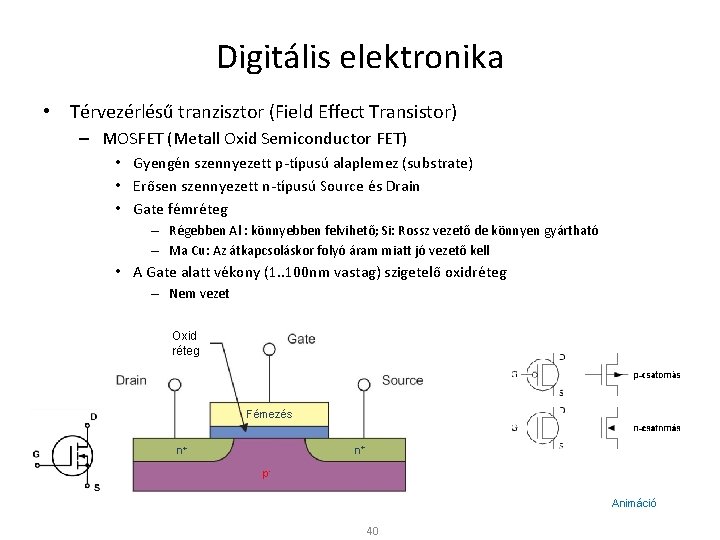 Digitális elektronika • Térvezérlésű tranzisztor (Field Effect Transistor) – MOSFET (Metall Oxid Semiconductor FET)