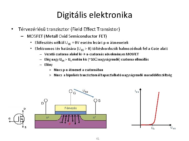 Digitális elektronika • Térvezérlésű tranzisztor (Field Effect Transistor) – MOSFET (Metall Oxid Semiconductor FET)