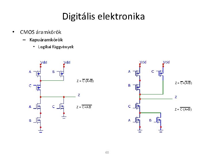 Digitális elektronika • CMOS áramkörök – Kapuáramkörök • Logikai függvények Z = C∙(A+B) Z