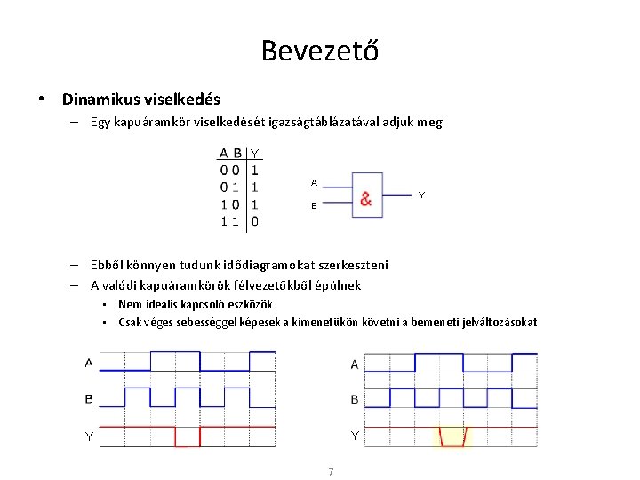 Bevezető • Dinamikus viselkedés – Egy kapuáramkör viselkedését igazságtáblázatával adjuk meg Y A Y