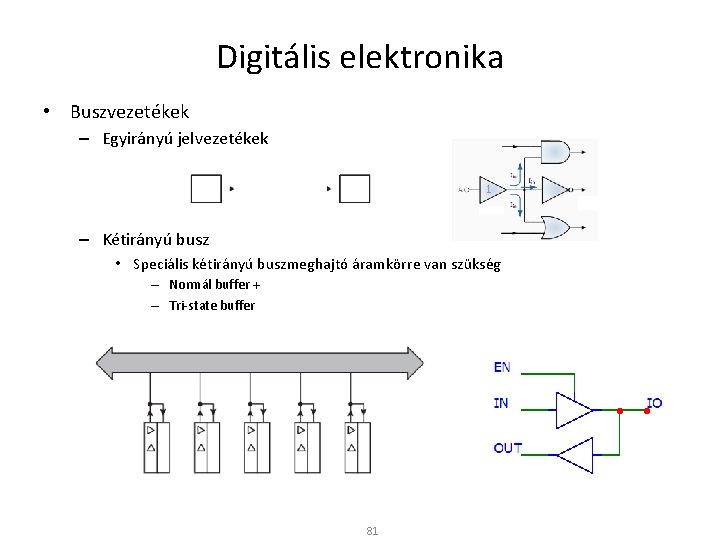 Digitális elektronika • Buszvezetékek – Egyirányú jelvezetékek – Kétirányú busz • Speciális kétirányú buszmeghajtó