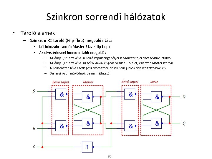 Szinkron sorrendi hálózatok • Tároló elemek – Szinkron RS tároló (Filp-flop) megvalósítása • Kétfokozatú