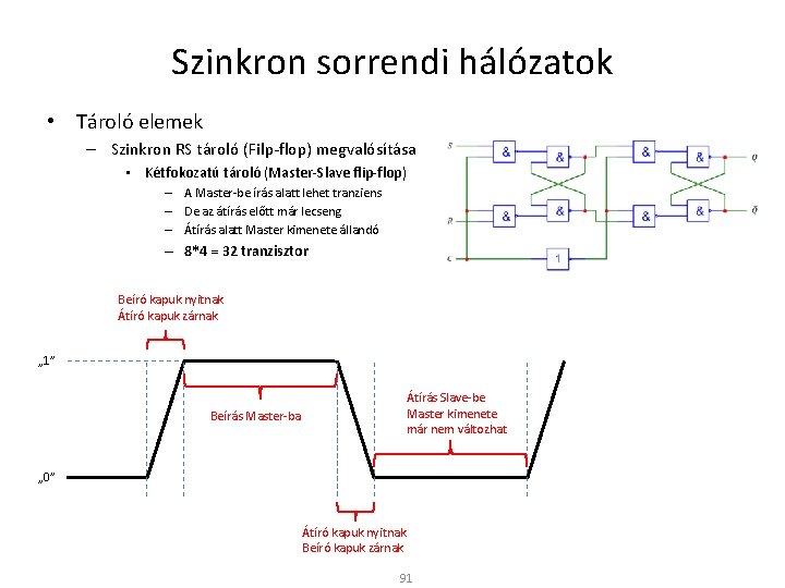 Szinkron sorrendi hálózatok • Tároló elemek – Szinkron RS tároló (Filp-flop) megvalósítása • Kétfokozatú