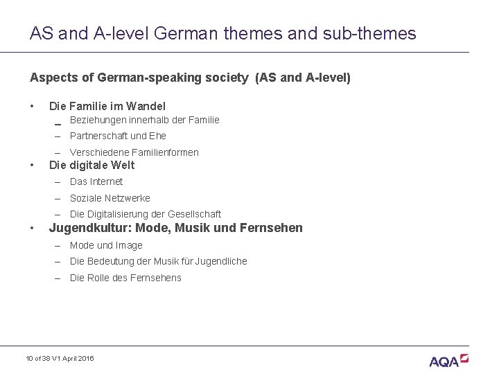 AS and A-level German themes and sub-themes Aspects of German-speaking society (AS and A-level)