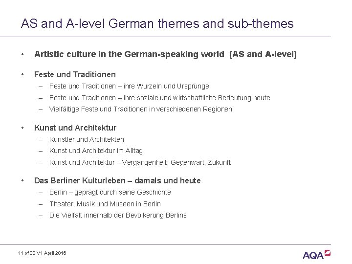 AS and A-level German themes and sub-themes • Artistic culture in the German-speaking world