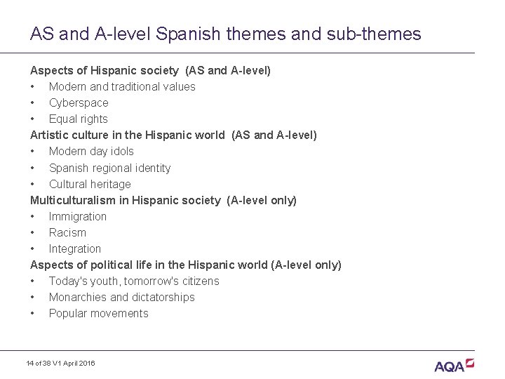 AS and A-level Spanish themes and sub-themes Aspects of Hispanic society (AS and A-level)