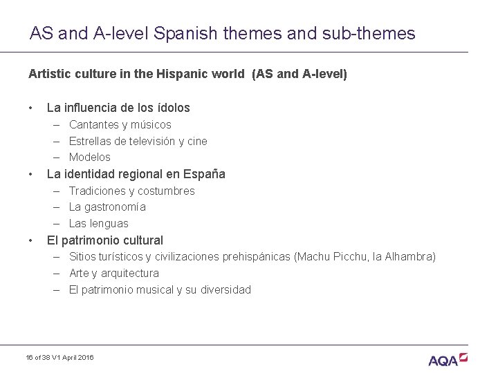 AS and A-level Spanish themes and sub-themes Artistic culture in the Hispanic world (AS