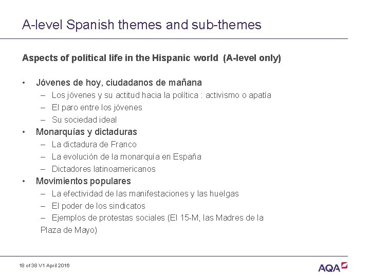 A-level Spanish themes and sub-themes Aspects of political life in the Hispanic world (A-level