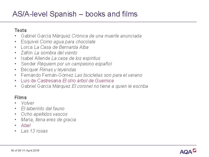 AS/A-level Spanish – books and films Texts • Gabriel García Márquez Crónica de una