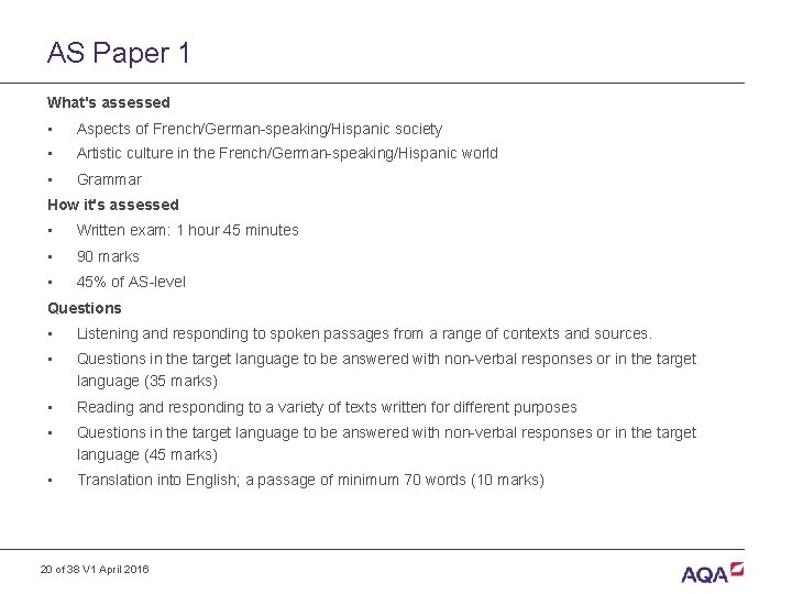 AS Paper 1 What's assessed • Aspects of French/German-speaking/Hispanic society • Artistic culture in