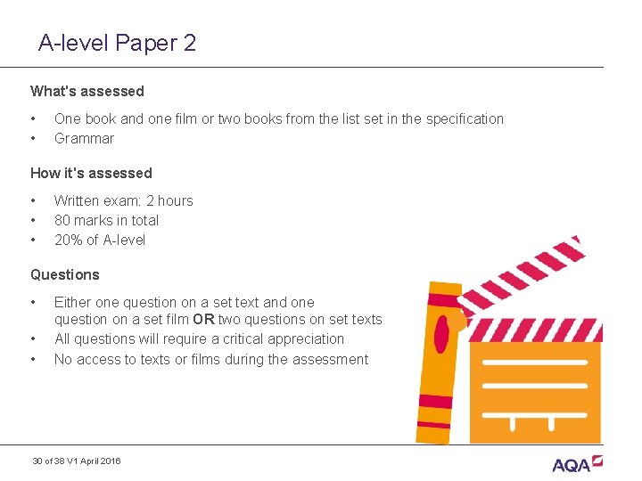 A-level Paper 2 What's assessed • • One book and one film or two