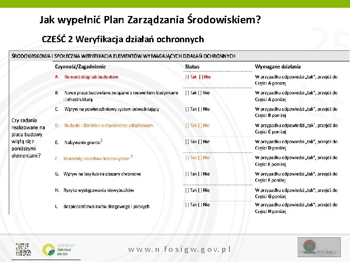 Jak wypełnić Plan Zarządzania Środowiskiem? CZEŚĆ 2 Weryfikacja działań ochronnych w w w. n Jak wypełnić Plan Zarządzania Środowiskiem? CZEŚĆ 2 Weryfikacja działań ochronnych w w w. n
