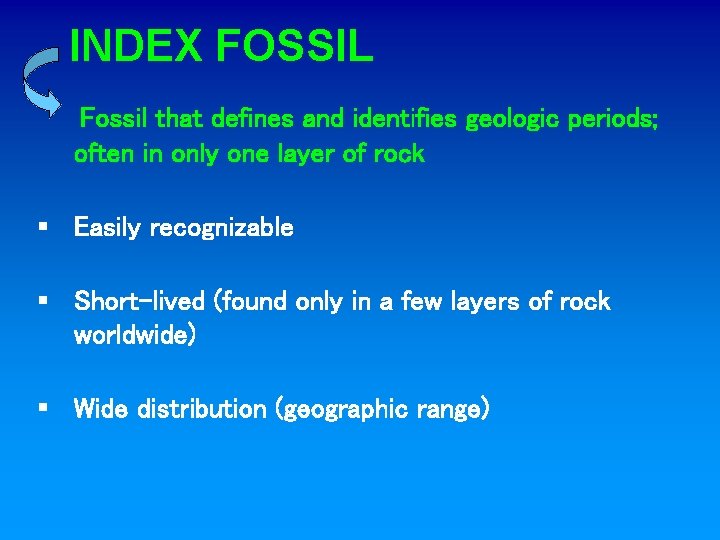 INDEX FOSSIL Fossil that defines and identifies geologic periods; often in only one layer
