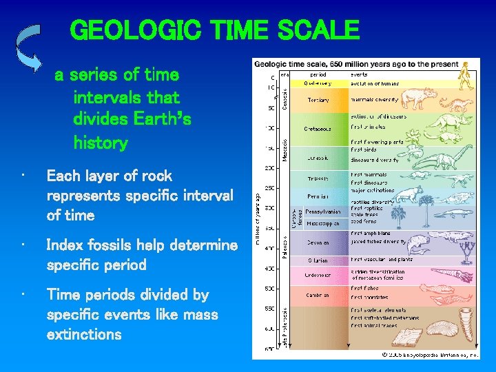 GEOLOGIC TIME SCALE a series of time intervals that divides Earth’s history • Each