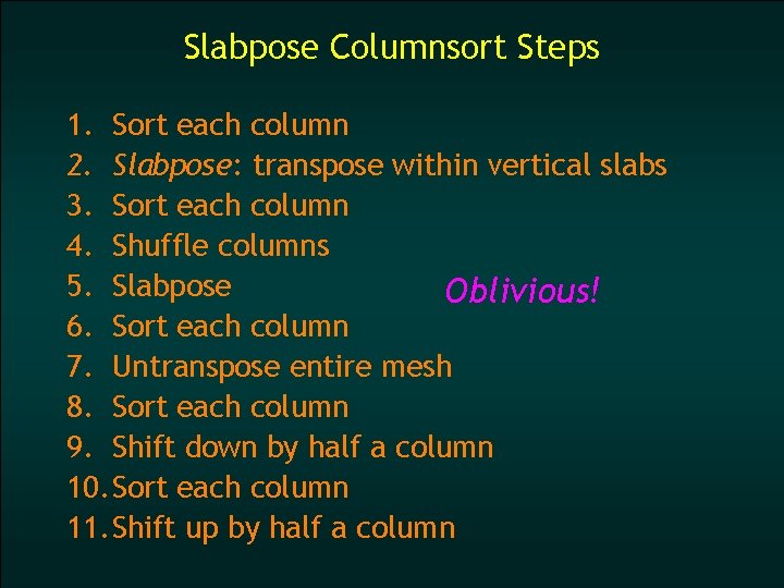 Slabpose Columnsort Steps 1. Sort each column 2. Slabpose: transpose within vertical slabs 3.