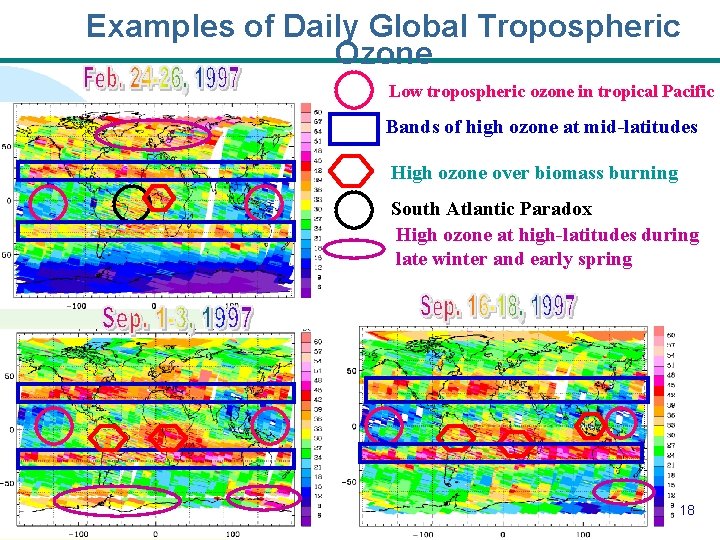 Examples of Daily Global Tropospheric Ozone Low tropospheric ozone in tropical Pacific Bands of