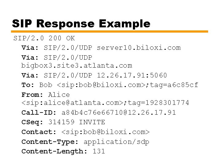 SIP Response Example SIP/2. 0 200 OK Via: SIP/2. 0/UDP server 10. biloxi. com