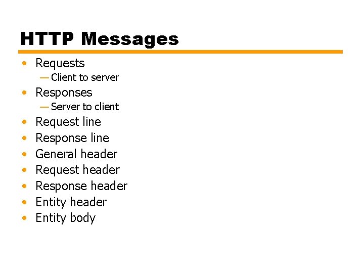 HTTP Messages • Requests — Client to server • Responses — Server to client