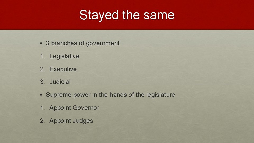 Stayed the same • 3 branches of government 1. Legislative 2. Executive 3. Judicial
