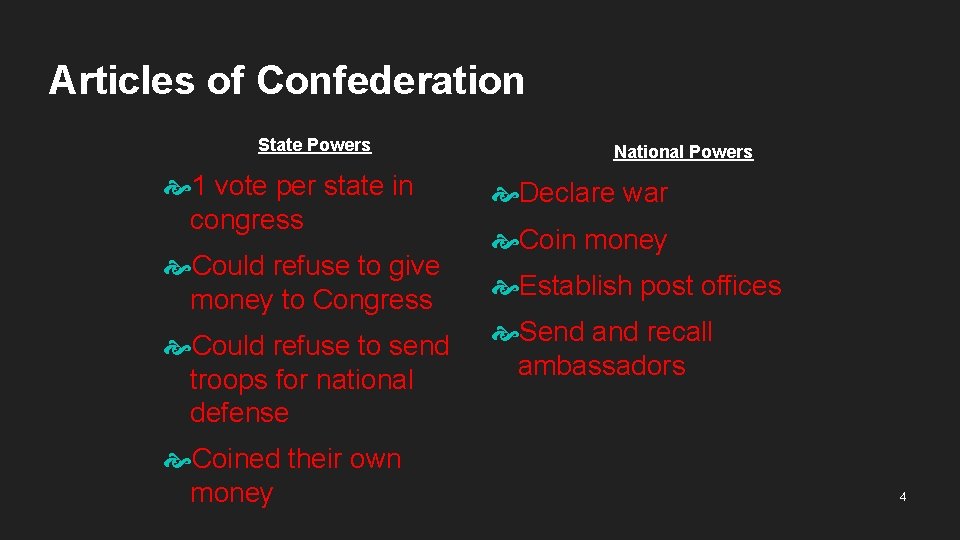 Articles of Confederation State Powers National Powers 1 vote per state in congress Declare