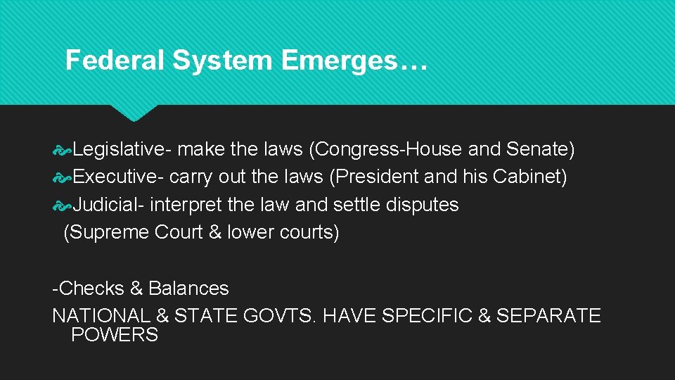 Federal System Emerges… Legislative- make the laws (Congress-House and Senate) Executive- carry out the