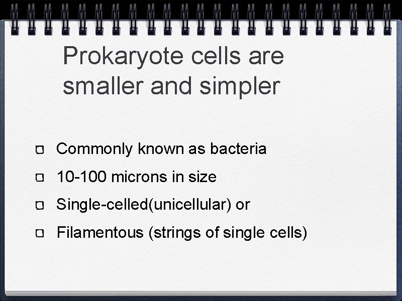 Prokaryote cells are smaller and simpler Commonly known as bacteria 10 -100 microns in