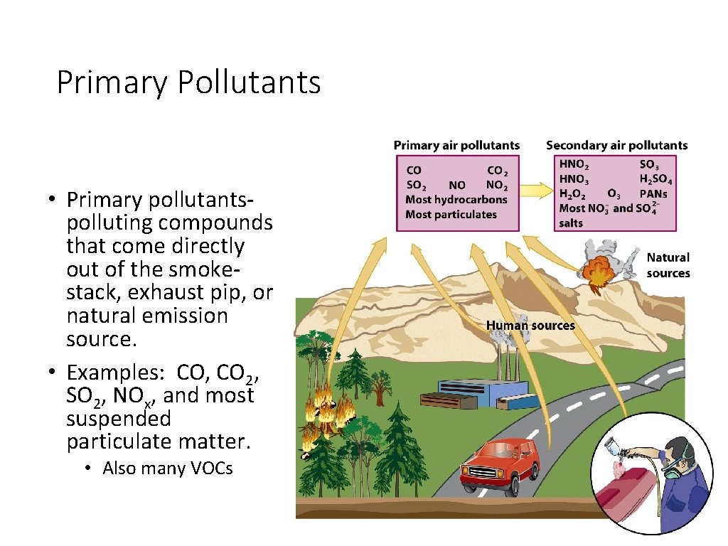Primary Pollutants • Primary pollutantspolluting compounds that come directly out of the smokestack, exhaust