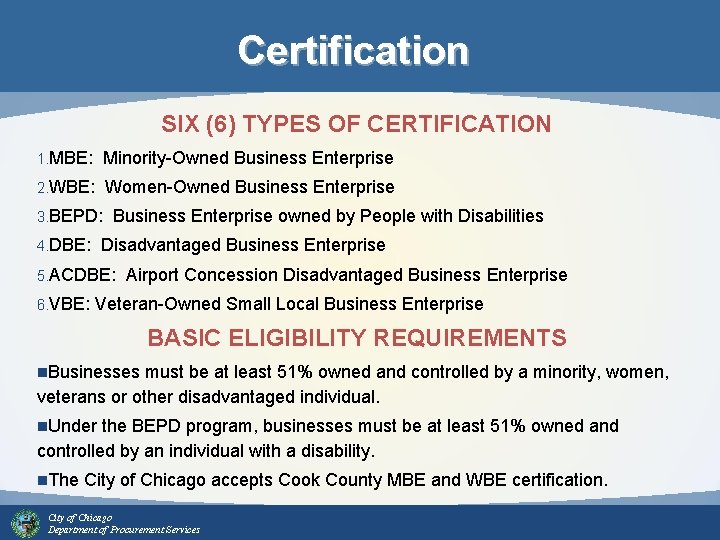 Certification SIX (6) TYPES OF CERTIFICATION 1. MBE: Minority-Owned Business Enterprise 2. WBE: Women-Owned