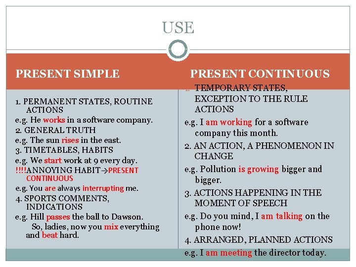 USE PRESENT SIMPLE PRESENT CONTINUOUS 1. TEMPORARY STATES, 1. PERMANENT STATES, ROUTINE ACTIONS e.