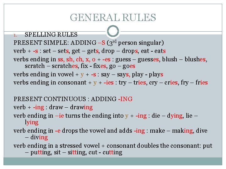 GENERAL RULES SPELLING RULES PRESENT SIMPLE: ADDING –S (3 rd person singular) verb +