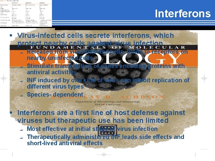Interferons § Virus-infected cells secrete interferons, which protect nearby cells against virus infection Released