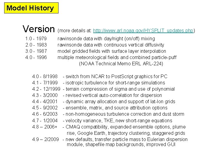 Model History Version (more details at: http: //www. arl. noaa. gov/HYSPLIT_updates. php) 1. 0