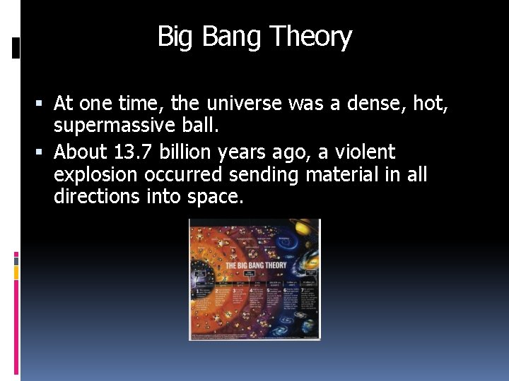 Big Bang Theory At one time, the universe was a dense, hot, supermassive ball. Big Bang Theory At one time, the universe was a dense, hot, supermassive ball.