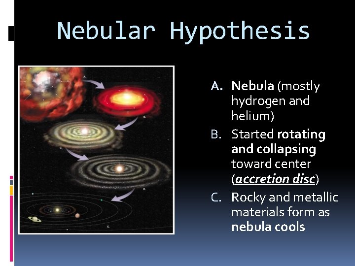 Nebular Hypothesis A. Nebula (mostly hydrogen and helium) B. Started rotating and collapsing toward Nebular Hypothesis A. Nebula (mostly hydrogen and helium) B. Started rotating and collapsing toward