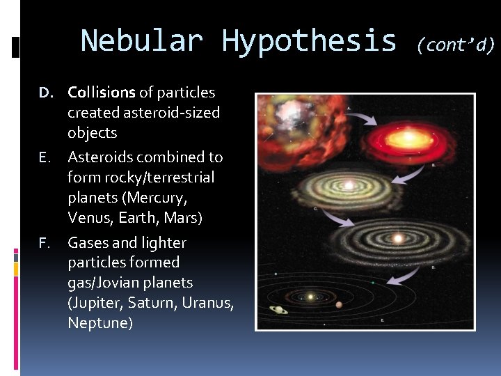 Nebular Hypothesis D. Collisions of particles created asteroid-sized objects E. Asteroids combined to form Nebular Hypothesis D. Collisions of particles created asteroid-sized objects E. Asteroids combined to form