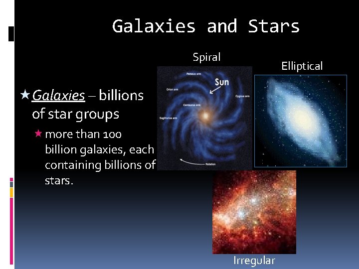 Galaxies and Stars Spiral Elliptical «Galaxies – billions of star groups « more than Galaxies and Stars Spiral Elliptical «Galaxies – billions of star groups « more than