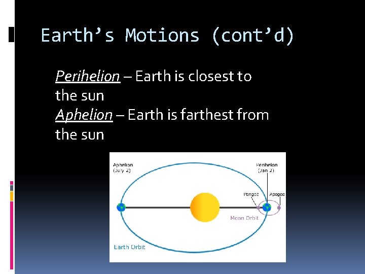 Earth’s Motions (cont’d) Perihelion – Earth is closest to the sun Aphelion – Earth Earth’s Motions (cont’d) Perihelion – Earth is closest to the sun Aphelion – Earth
