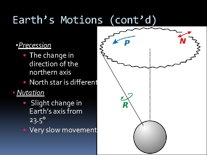 Earth’s Motions (cont’d) • Precession The change in direction of the northern axis North Earth’s Motions (cont’d) • Precession The change in direction of the northern axis North
