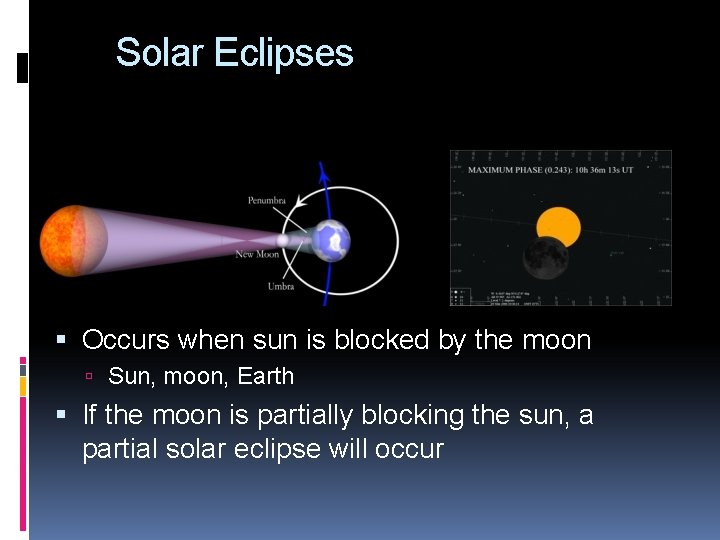 Solar Eclipses Occurs when sun is blocked by the moon Sun, moon, Earth If Solar Eclipses Occurs when sun is blocked by the moon Sun, moon, Earth If